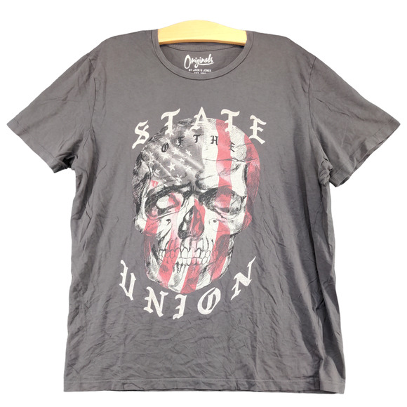 Jack & Jones Men's State of The Union Patriotic Shirt Gray Size XL Skull - Picture 1 of 13